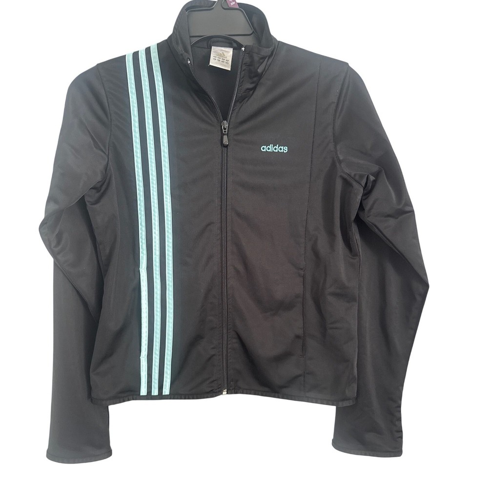 Adidas Jacket Womens Medium Black Track Activewear Full Zip 3 Stripes