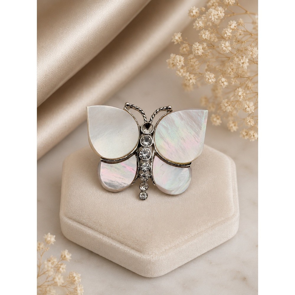 Monet Mother of Pearl Butterfly Brooch Pin Silver Tone Rhinestone Signed Vintage