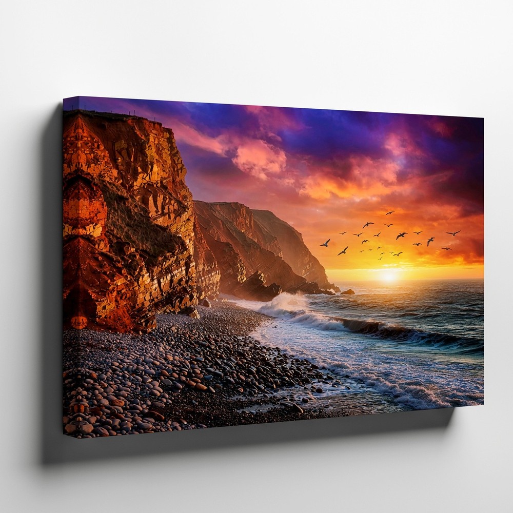 Coastal Sunset Beach Canvas Wall Art Seascape Ocean Waves Birds Landscape Print