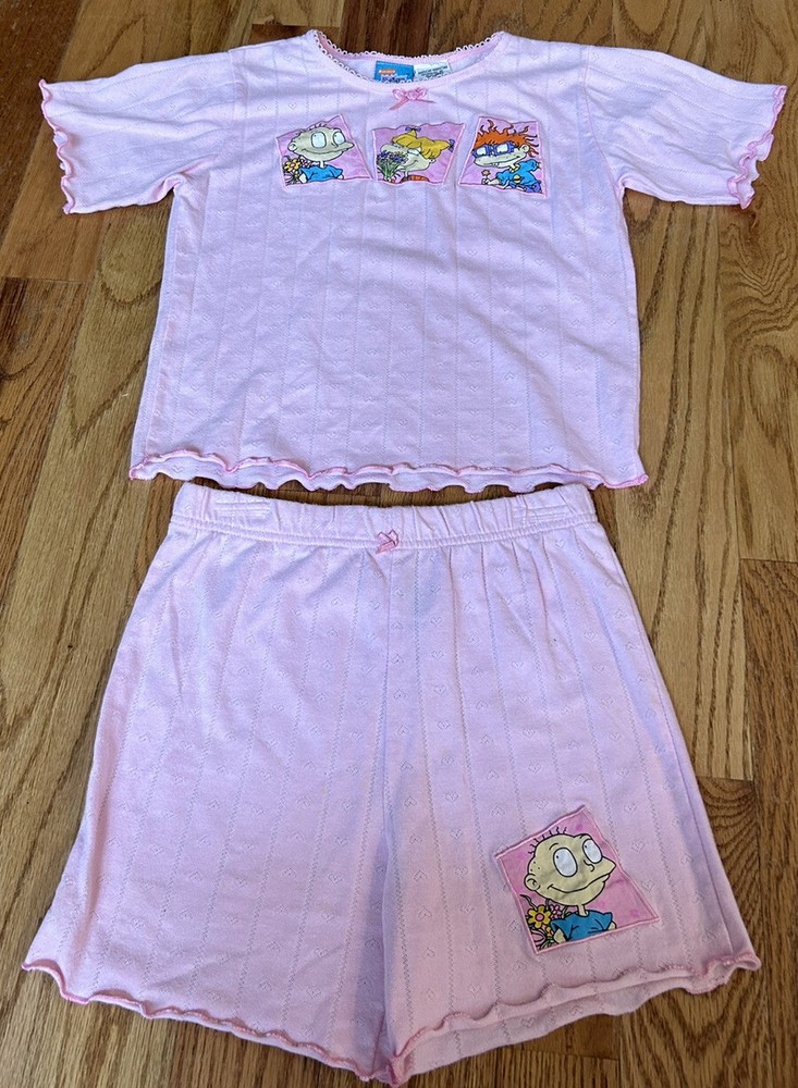 Vintage 1997 Kids Pink Rugrats Patch Pajama Set Nickelodeon Sz Large (12)