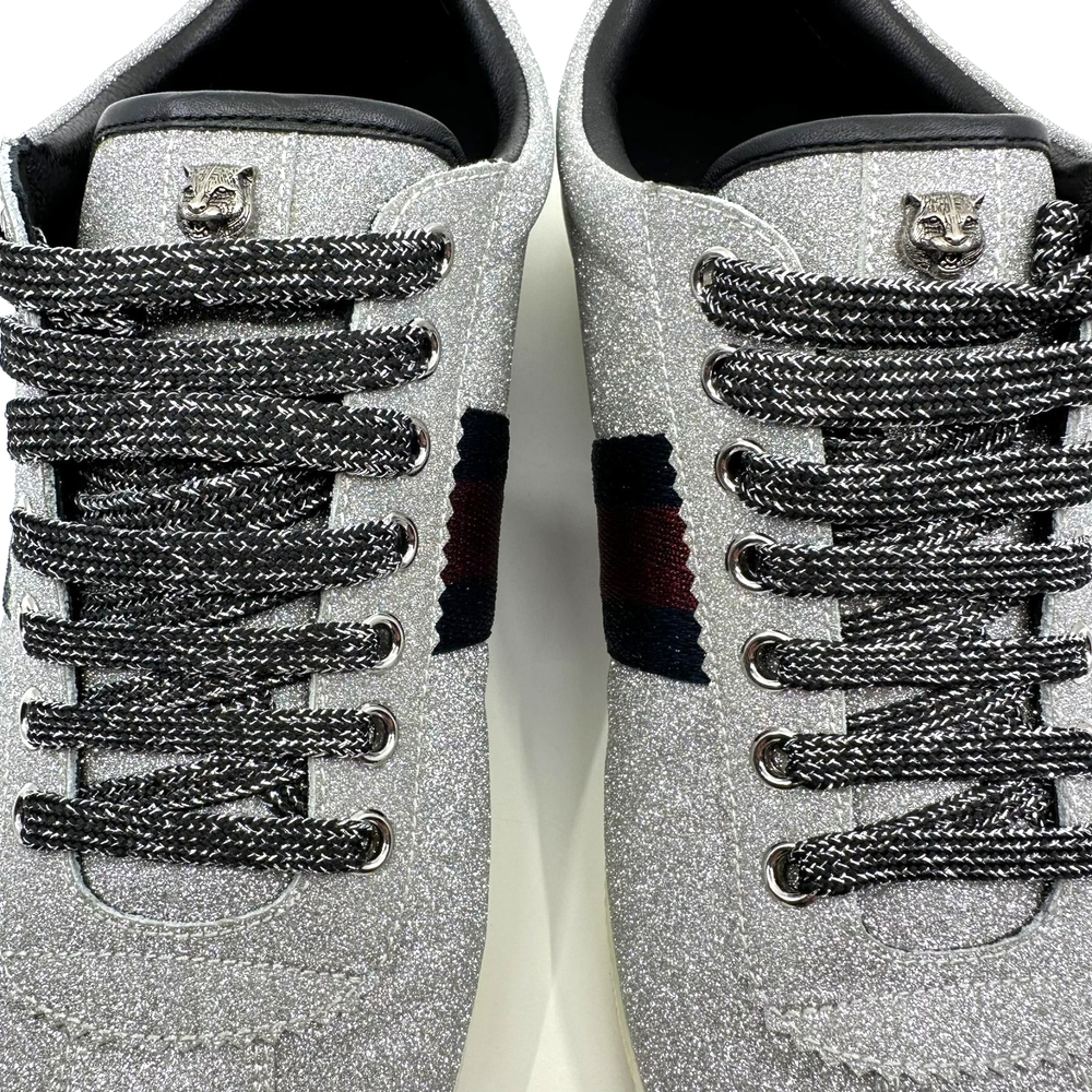 Gucci Web Silver Sparkle Sneaker Bambi Stud Silver Size 9 Authentic w/Box