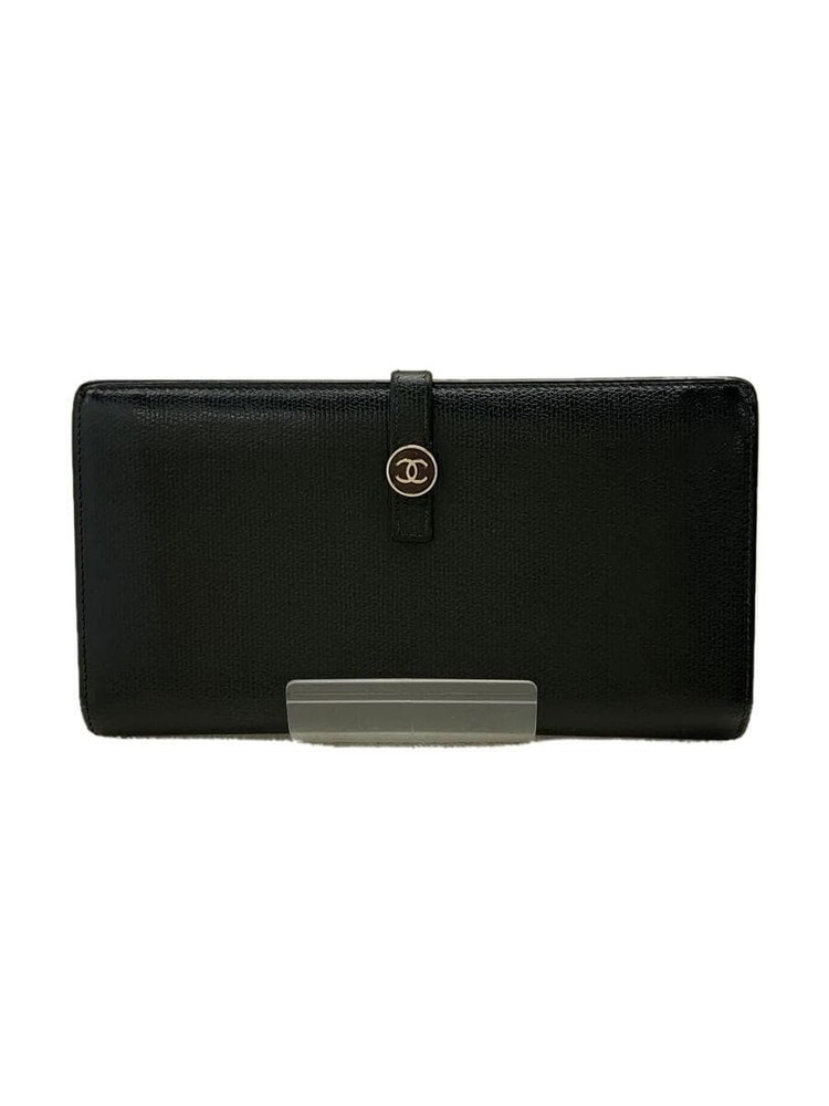 CHANEL Bifold Long Wallet Gold CC Button Black Leather F/S Pre-Loved