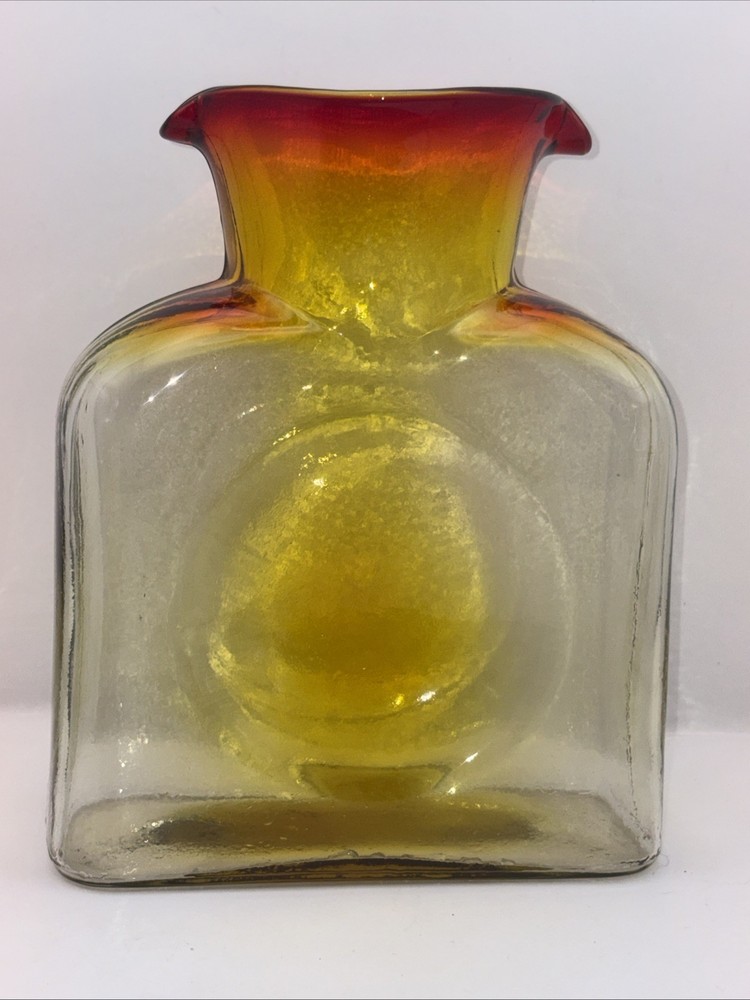 Blenko Glass Double Spout Water Bottle Tangerine 8” Amberina USA