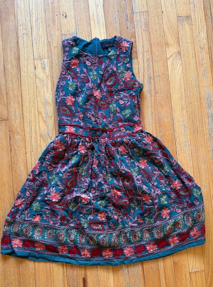 Adelyn Rae Dress Womens 6 Teal Embroidered Floral Fit & Flare A-Line Sleeveless