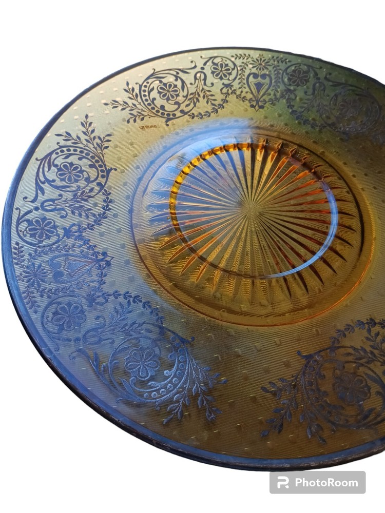 Vintage Sterling Silver Overlay On Amber Glass Serving Tray