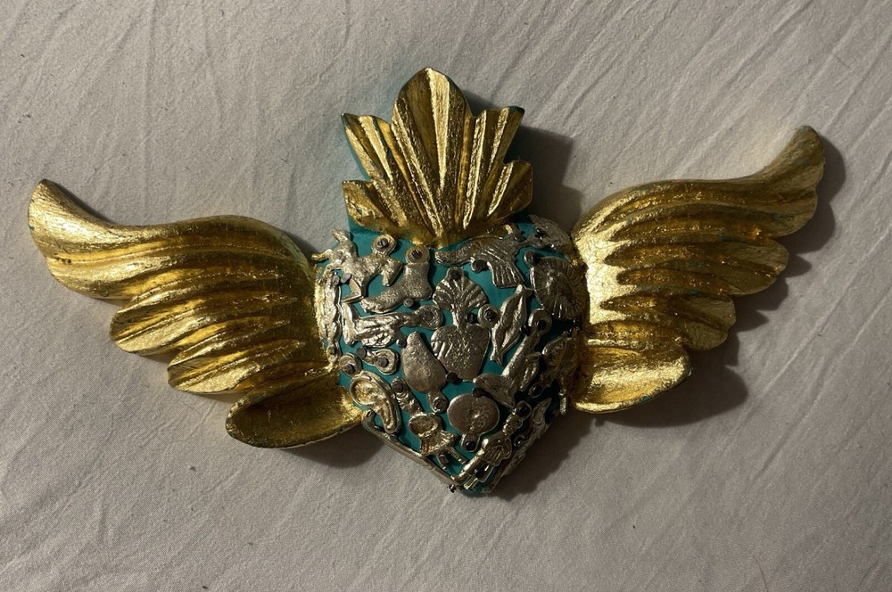 Mexican Miligros Sacred Heart With Wings Vintage Folk Art Vintage