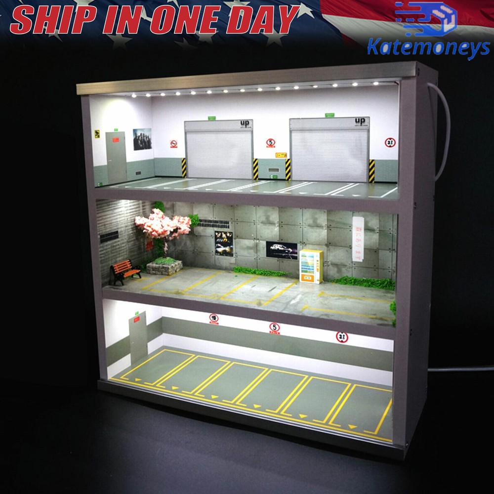 Diorama 1/64 Car Garage Model Display Cabinet Parking Lot LED Lighting Model
