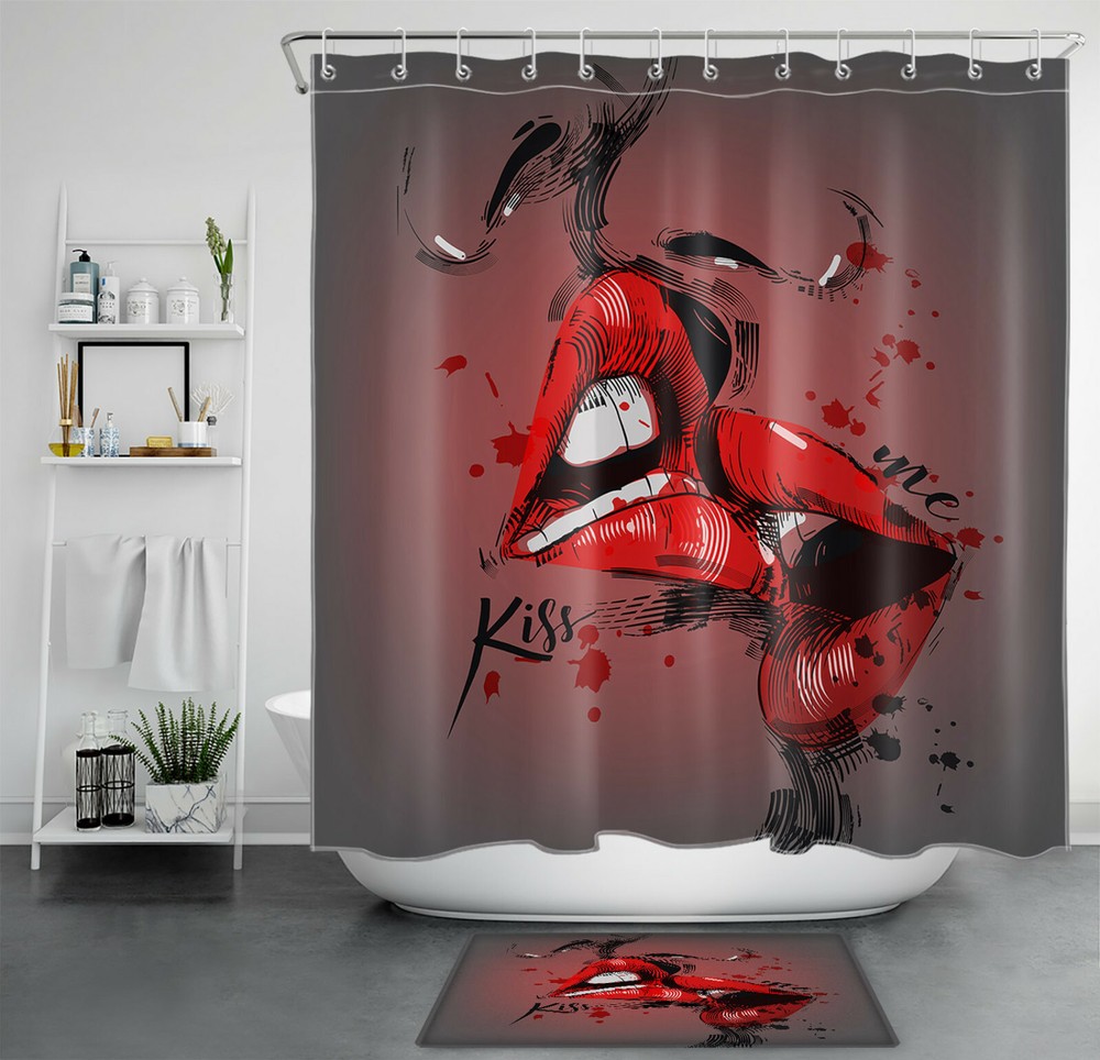 Sexy Red Lips Abstract Graffiti Shower Curtain Kiss Me Bathroom Accessory Sets-image