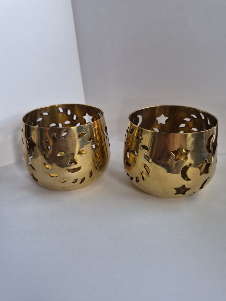 2 VTG solid brass SUN Stars Moon Tea Light candle holders votive holder India