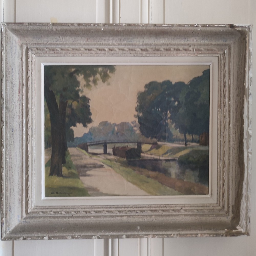 Albert Heckenhauer (1892-1982) Oil on Canvas Landscape IN Bridge And Canal Barge