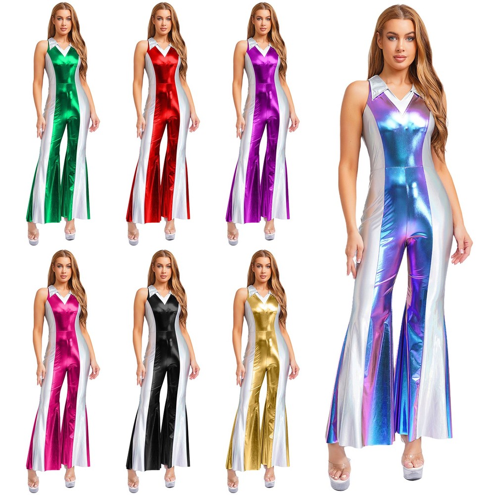 US Women's Contrast Color Sleeveless 70s 80s Disco Jumpsuit Flared Pants Costume