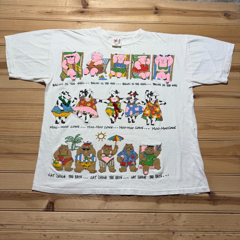 Vintage 90s Bacon Pig Cow Cat Dancing Beach Summer Vacation T-Shirt USA One Size