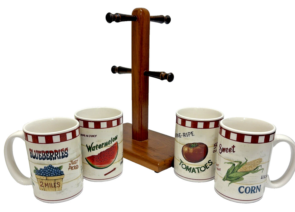 Vintage Farmhouse Fruit Vegetable Mug Set w/ Wooden Mug Tree