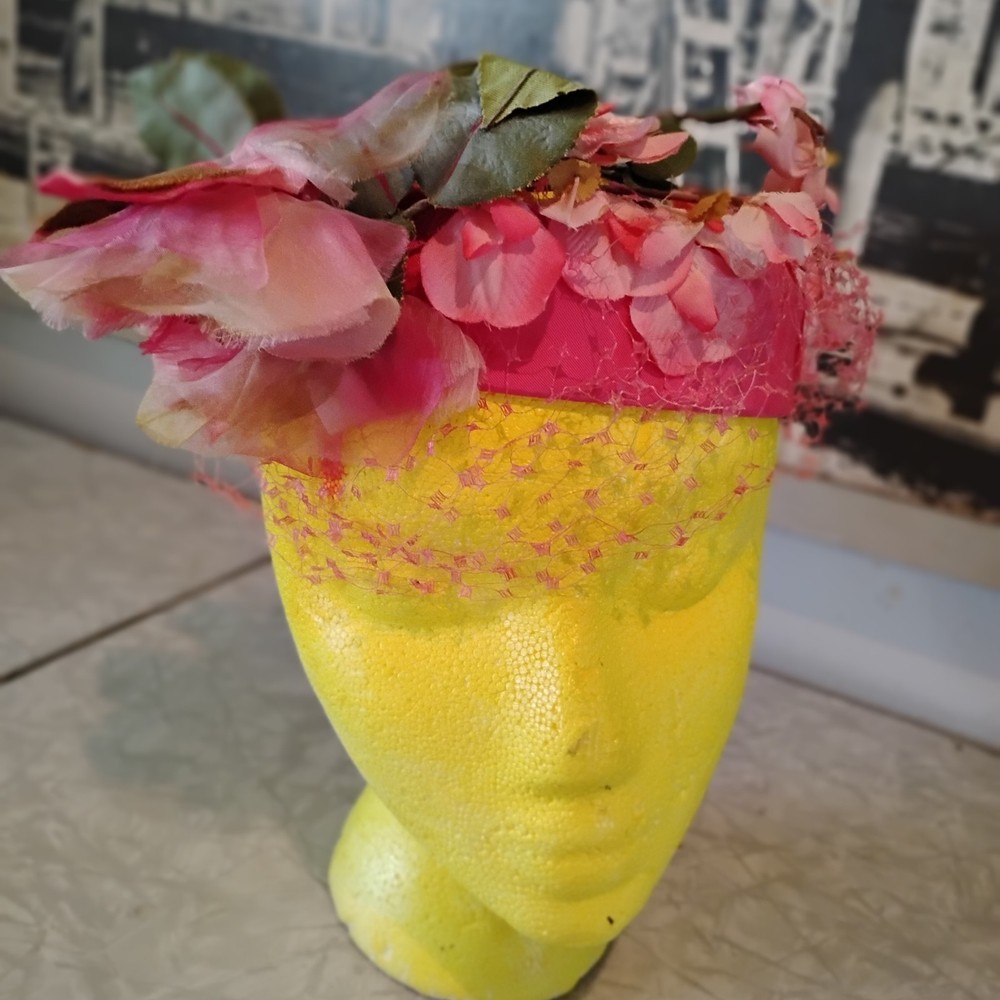 Reggi W Vintage Pink Green Floral Hat with Netting