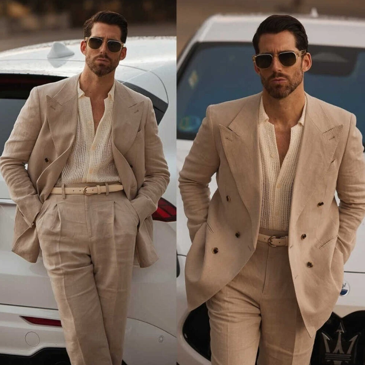Khaki Linen Double Breasted Groom Tuxedo with Wide Peak Lapel