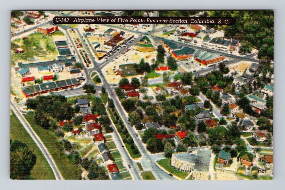 Columbia SC- South Carolina Aerial Five Points Business Section Vintage Postcard