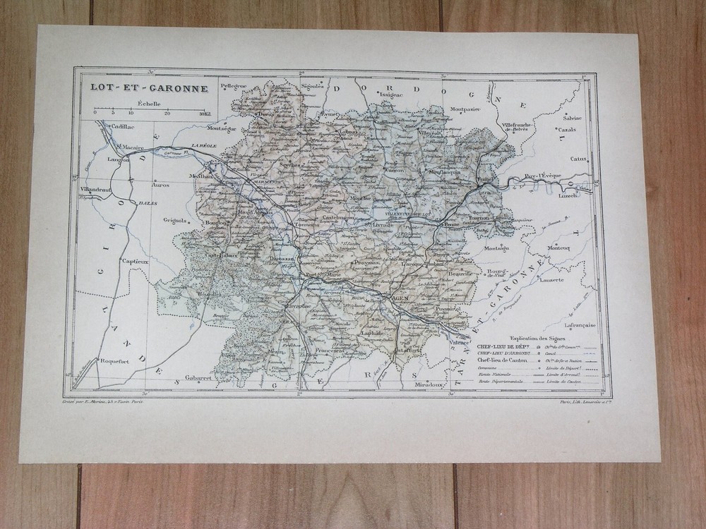 1887 Antique Original Map Of Department Of Lot-Et-Garonde Agen / France