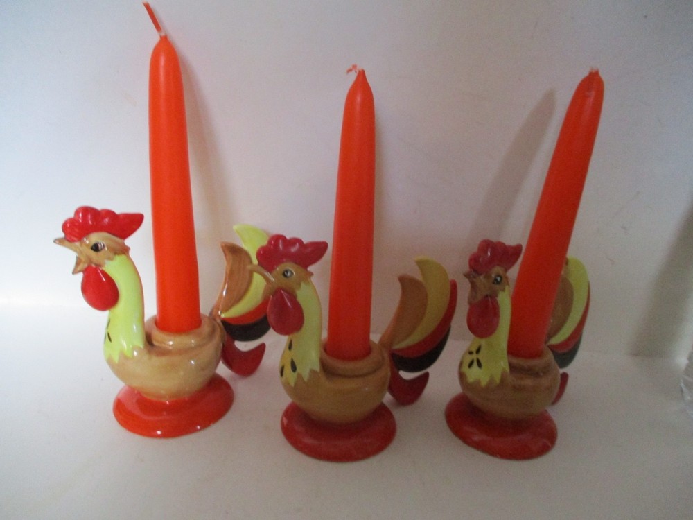 Vintage 1961  Holt Howard Ceramic Rooster candle holders set of 3 MCM Retro