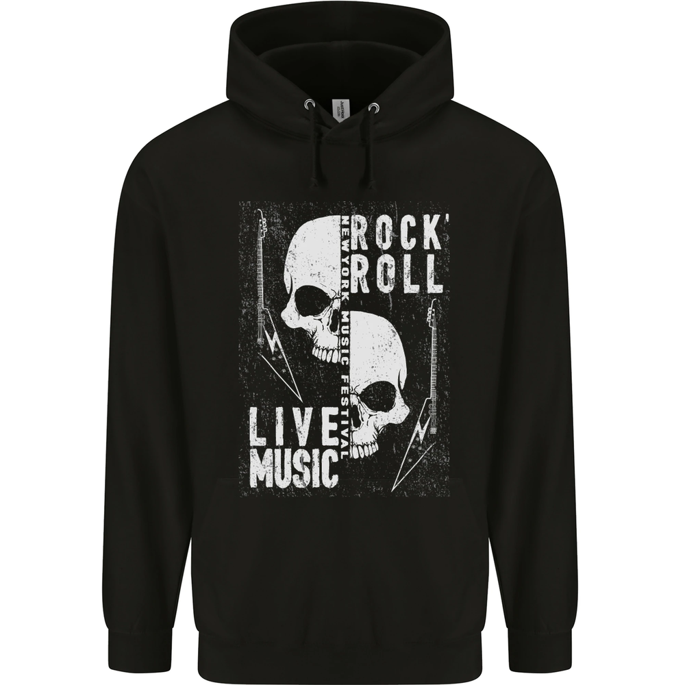 Rock n Roll Live Music Skull Guitar Mens 80% Cotton Hoodie