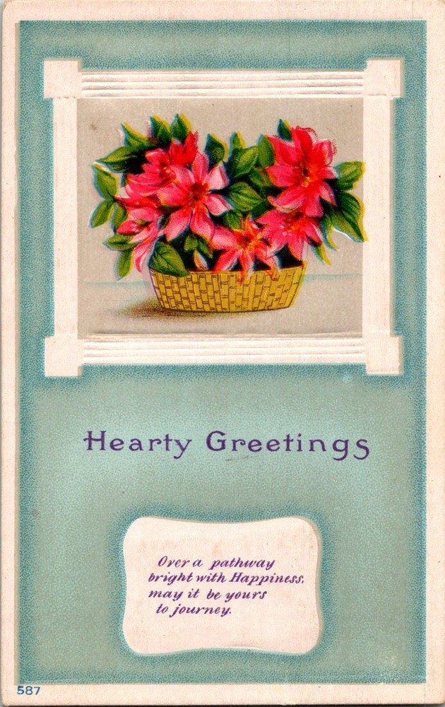 Antique 1912 Embossed Postcard Hearty Greetings Pink Flowers Basket Message
