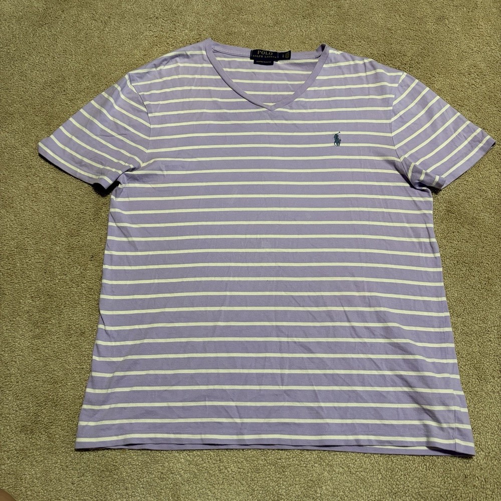 Polo Ralph Lauren Mens L Large Custom Slim Fit V-Neck T-Shirt Purple Striped