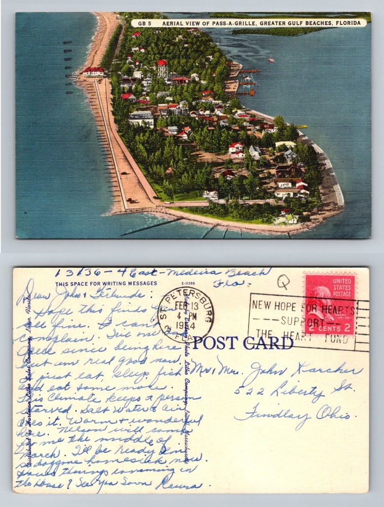 Pass-a-Grille FL-Florida Aerial View Greater Gulf Beaches Vintage c1954 Postcard