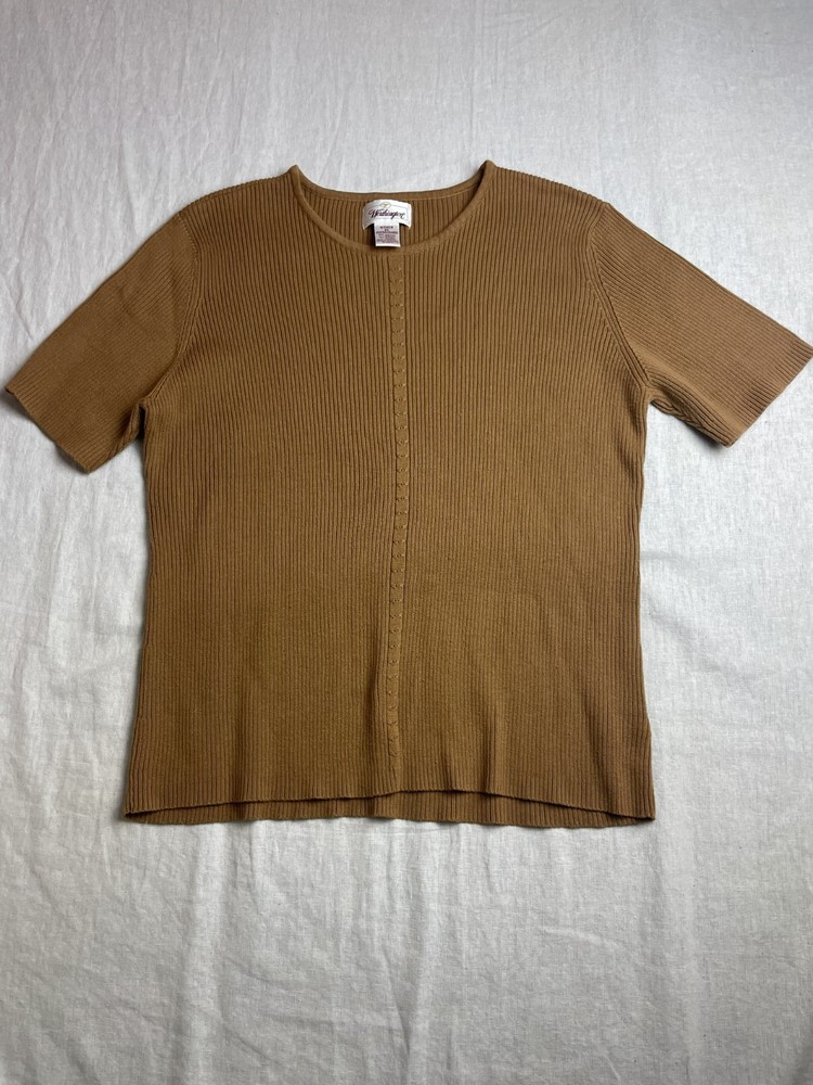 Vintage 90s Worthington Brown Womens 2X Plus Ribbed Knit Earthy Preppy Blouse
