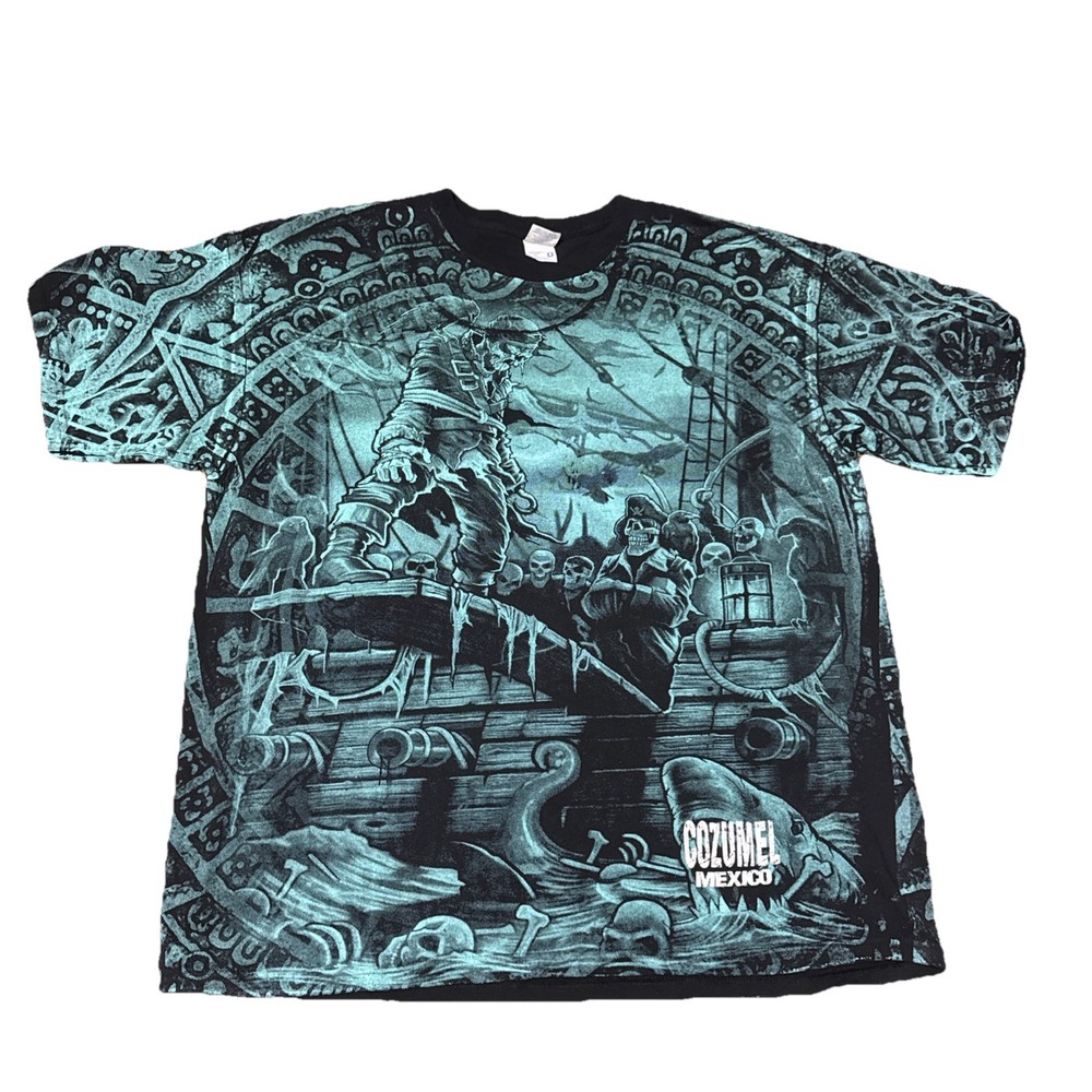 AOP T Shirt Front and Back 2xl Pirates Skulls All Over Cozumel Mexico