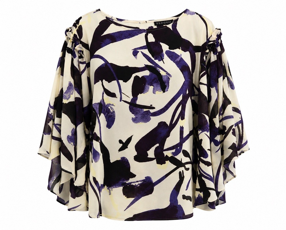 Eloquii Abstract Print Blouse Batwing Bell Sleeve Beige Purple Flowy Top Sz 22