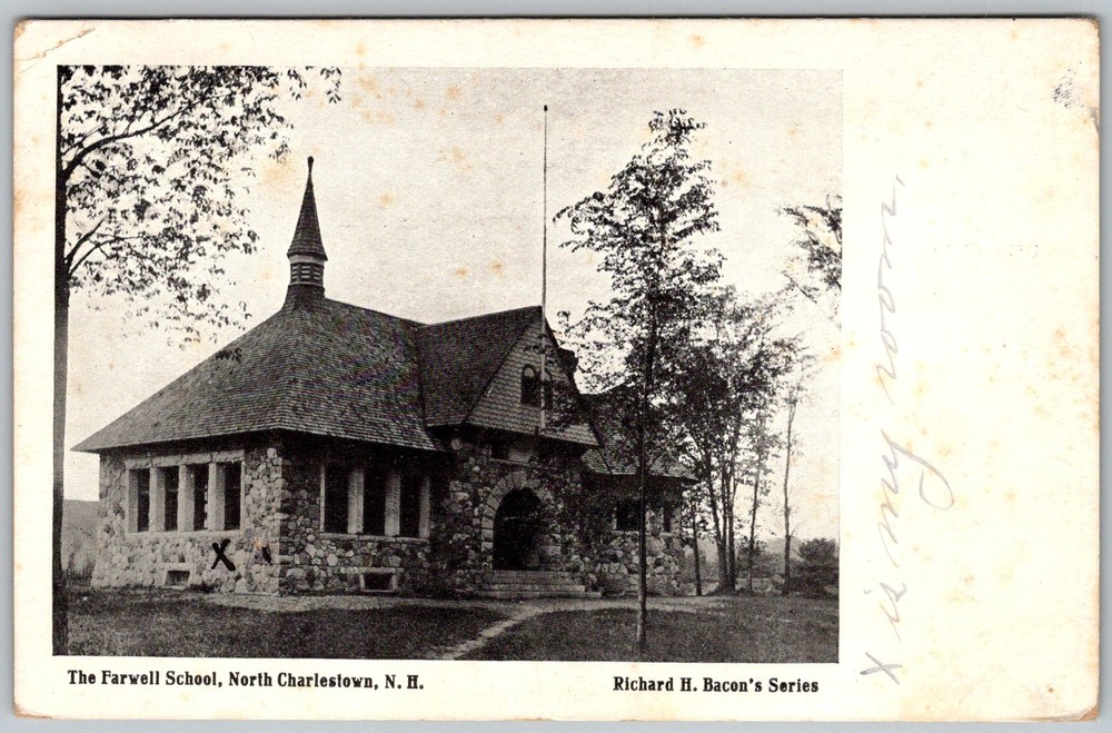 Antique Postcard Farwell School Stone North Charlestown, NH 1910s