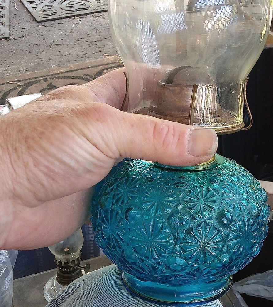 Blue Starburst Glass Oil Lamp w/ Clear Hurricane Chimney Shade, Wick