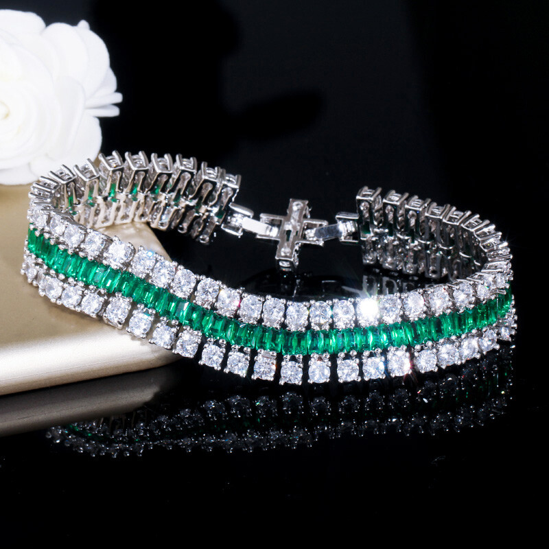 Classic Silver Plated Chic CZ Large Wide Tennis Bracelet for Women Green Jewelry