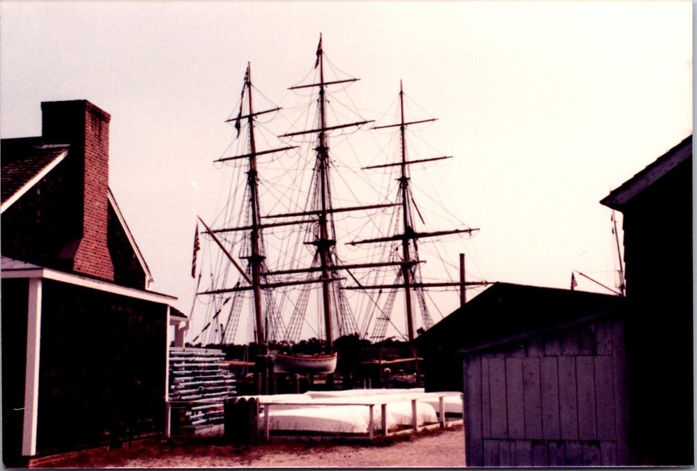Vintage Color Photo of Historic 3-Masted Tall Ship Docked by Sheds 3x5