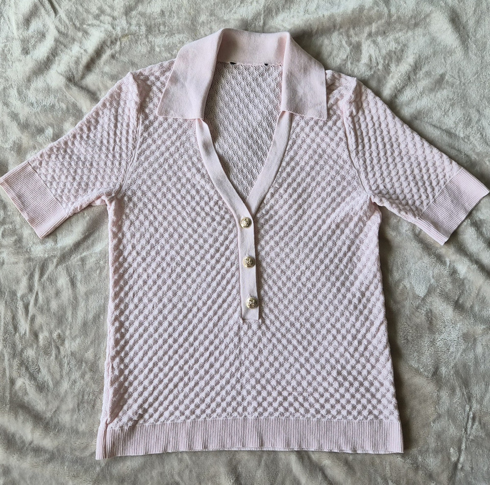 Ann Taylor Pink Pointelle Knit Polo Sweater Women’s Preppy Coquette Top S/M
