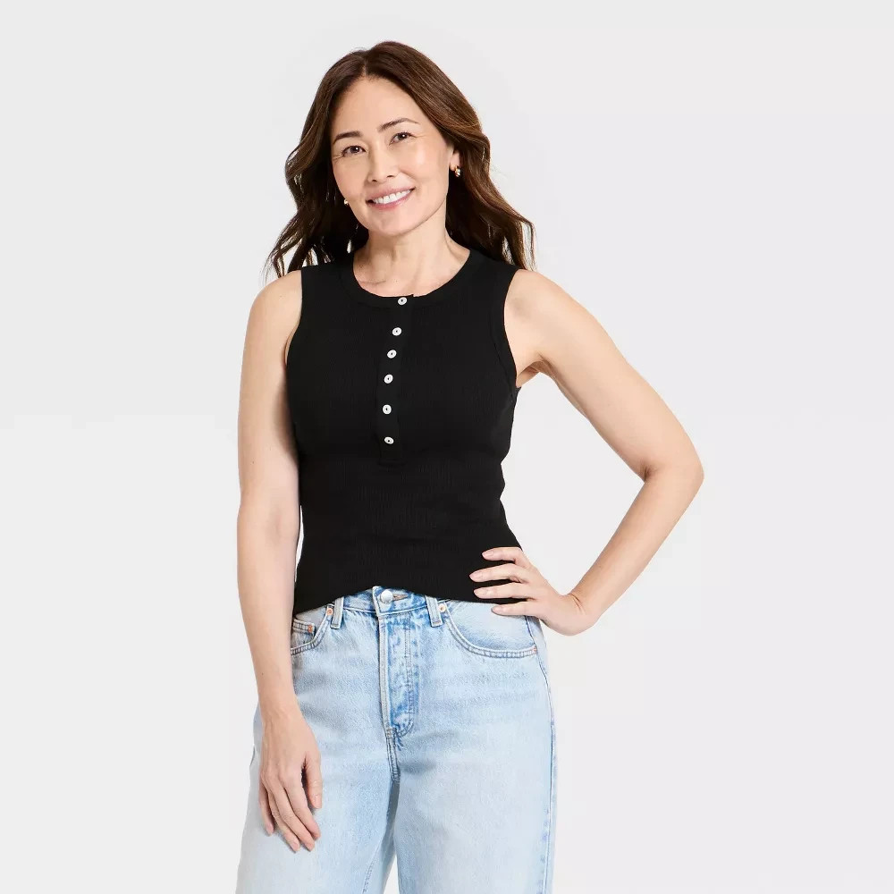 Women's Universal Thread Henley Tank Top Black Size S