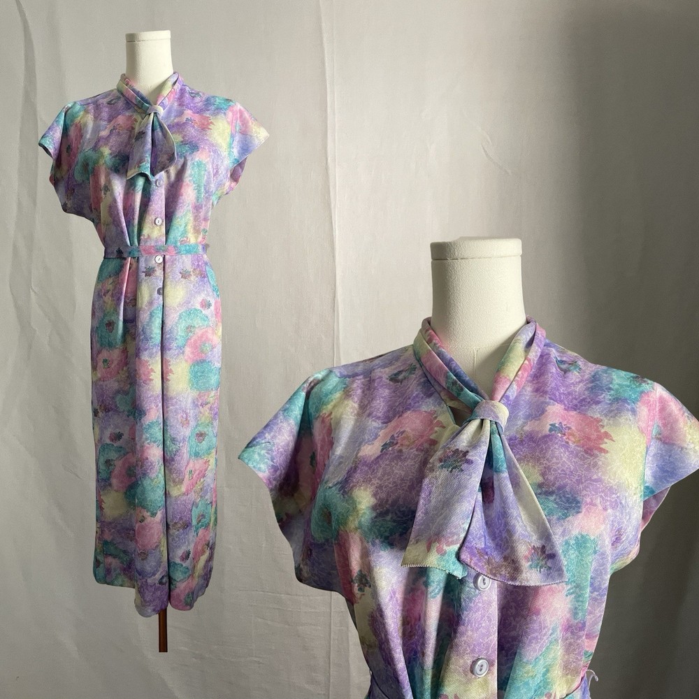 Vintage Pastel Midi Dress Watercolor Abstract Print Button Front 80s Size Medium