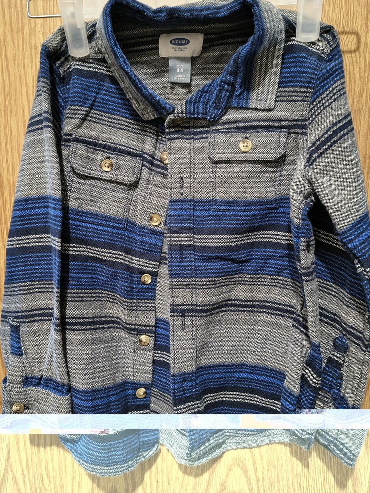 Old Navy Boys 5T Blue/Gray/Black Striped Long Sleeve Collared Button-Up Shirt