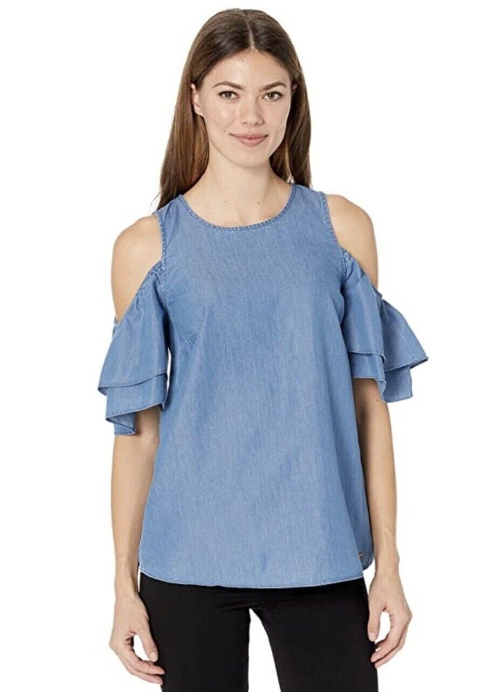 Michael Kors Women's Tiered Sleeve Cold Shoulder Top, Lt. Cadet Wash Blue Size S