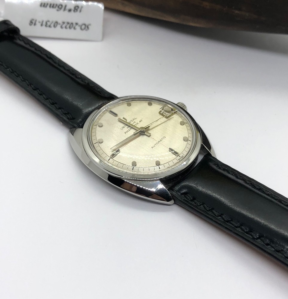 Universal Geneve Polerouter Auto Date ST 35mm case Silver Index dial Strap 1965