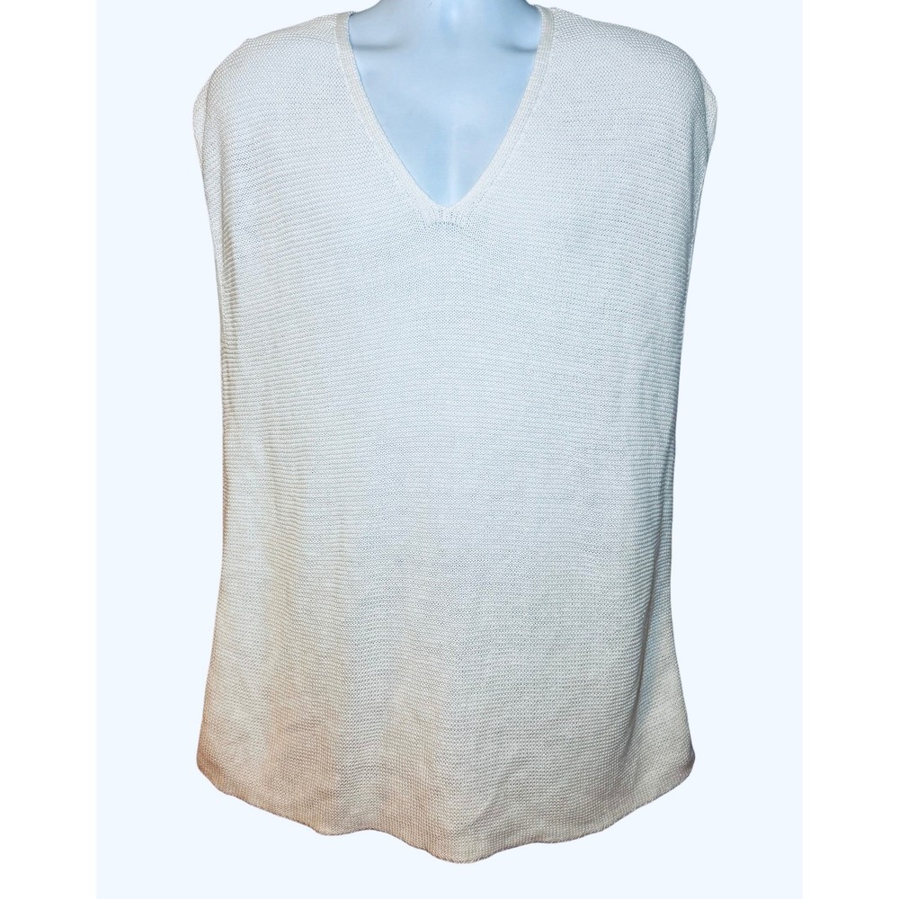 Eileen Fisher Organic Linen Cotton V-Neck Knit Top White Womens M Sleeveless
