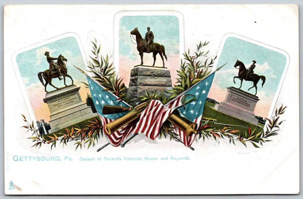 Gettysburg PA Generals Statues Hancock Meade Reynolds ANTIQUE Postcard 9268