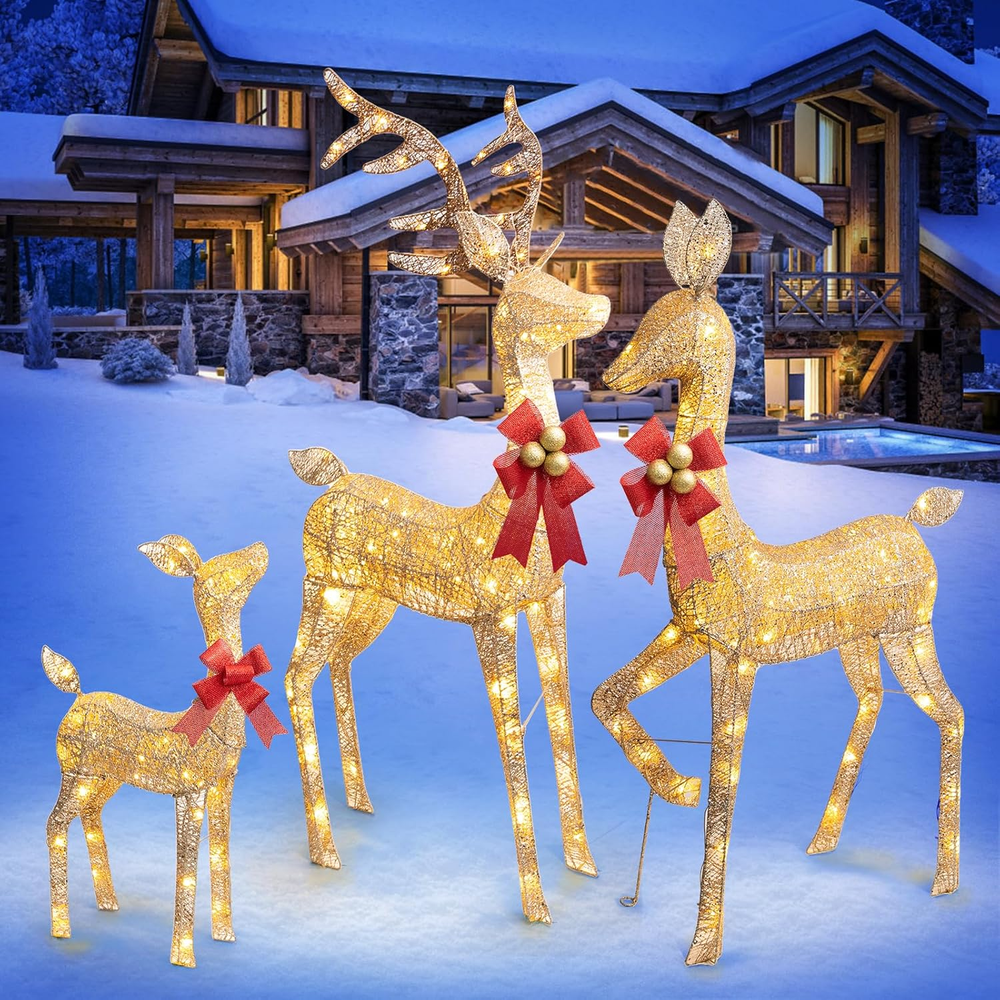 3Pcs Large Lighted Reindeer Christmas Decorations, 3D Yard Deer Decor Family Set
