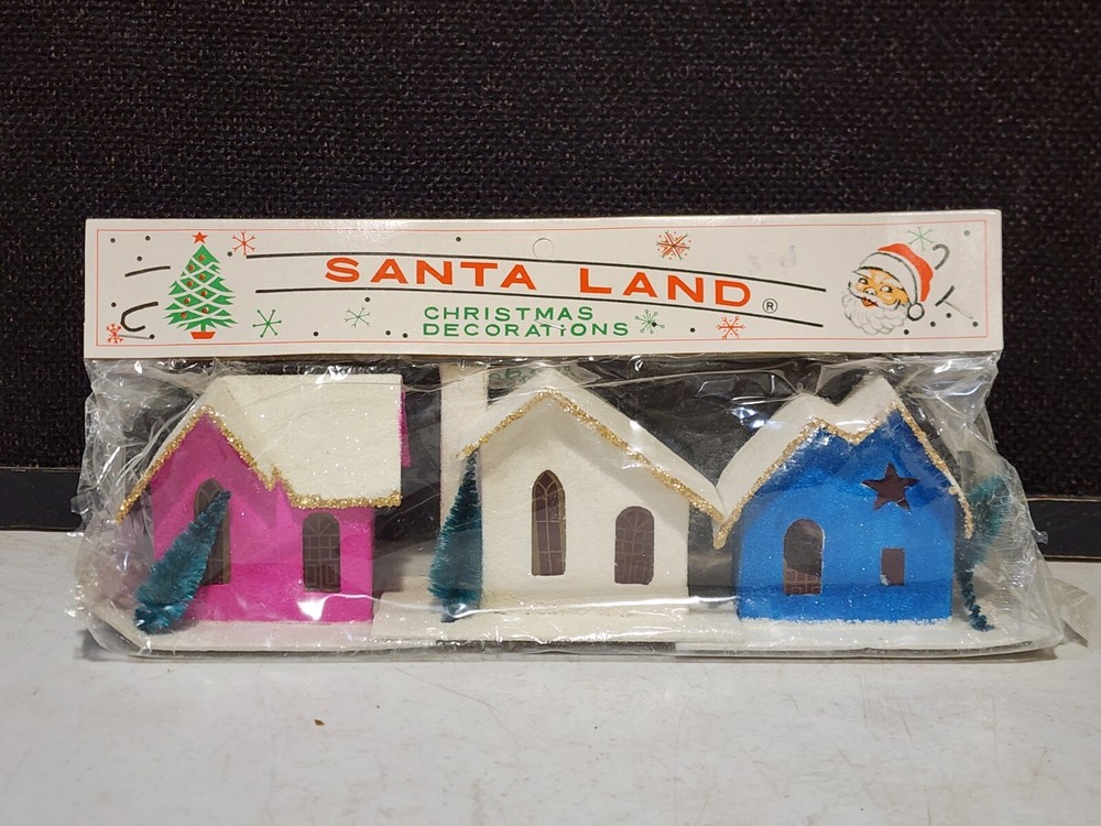 Vtg Santa Land Putz Houses PINK WHITE BLUE w/ Brush Trees, Unopened Pkg Japan