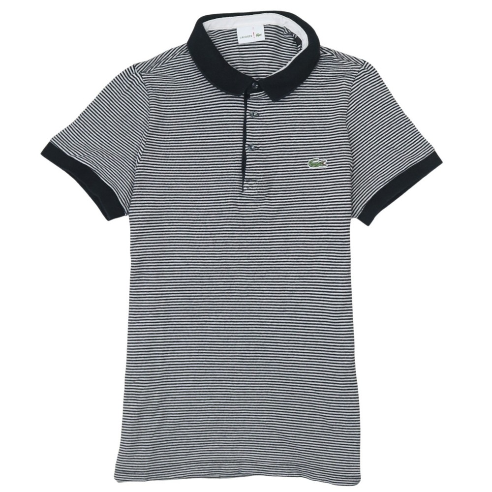 Lacoste Womens polo shirt black white striped cotton embroidered croc logo XS