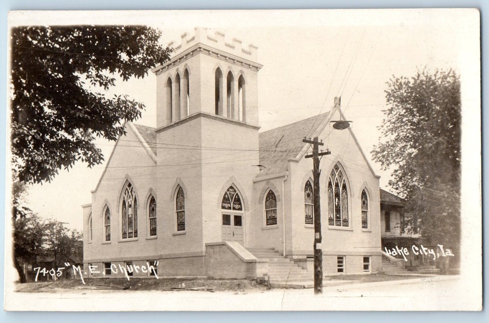 Lake City Iowa IA Postcard RPPC Photo ME Methodist Church Scene Street c1910's