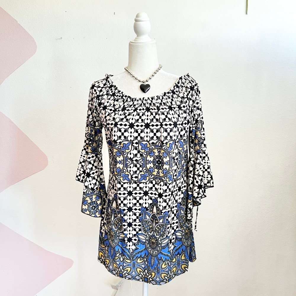WinWin Bell Sleeve Tunic Top Floral Boho Bohemian Festival Western S-M