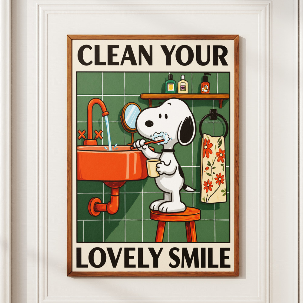 Snoopy Clean Your Lovely Smile Poster Cute Bathroom Art Print Retro Wall Decor