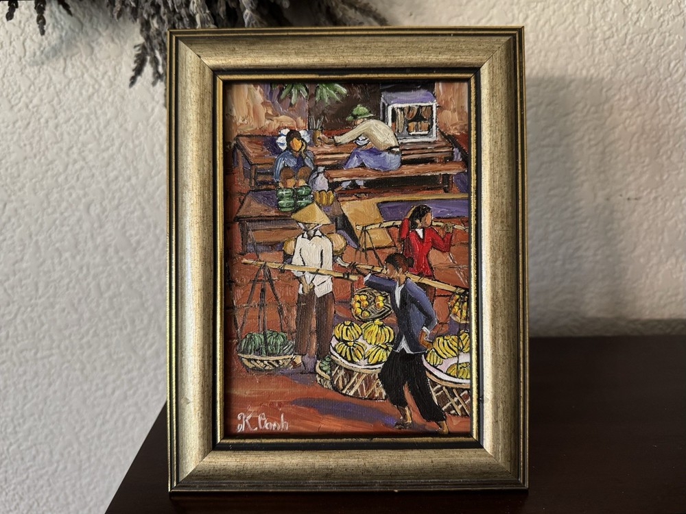 ORIGINAL OIL PAINTING VIETNAMESE STREET VENDORS LANDSCAPE SIGNED FRAMED 5x7