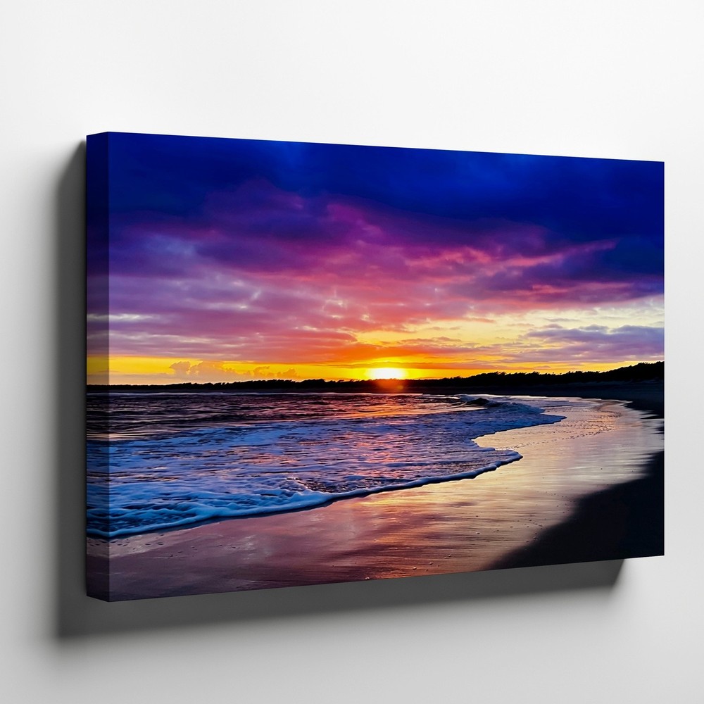 Sunset Beach Canvas Wall Art Ocean Waves Coastal Landscape Canvas Print Decor