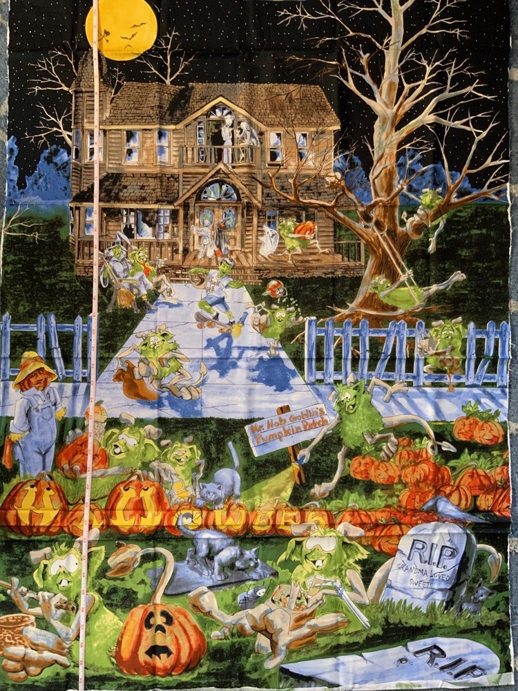 1/2 Yard 100% Cotton Fabric Halloween Goblin, Haunted House Scene